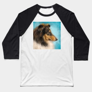 Painting of a Three Colored Collie Dog on Blue Background Baseball T-Shirt